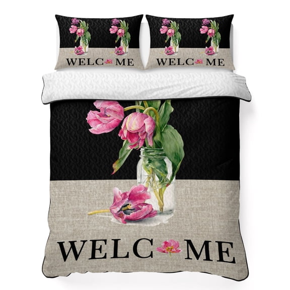 Quilts Queen Size Bedding Set, Pink Tulip Lightweight Quilted Comforter, Farmhouse Floral Black Gray Burlap Soft Reversible Bedspread Coverlet with Pillow Covers for All Season, 90" x 96"