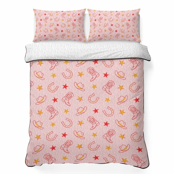 Quilts Queen Size Bedding Set, Pink Western Cowboys Lightweight Quilted Comforter, American Country Boots Horseshoe Soft Reversible Bedspread Coverlet with Pillow Covers for All Season, 90" x 96"