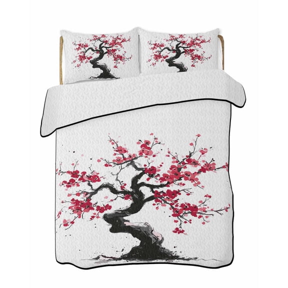 Quilts Queen Size Bedding Set, Plum Tree Branches Reversible Summer Quilt 3 Pieces, Spring Chinese Traditional Ink Painting Lightweight Bedspreads Coverlets with 2 Pillow Shams for All Seasons