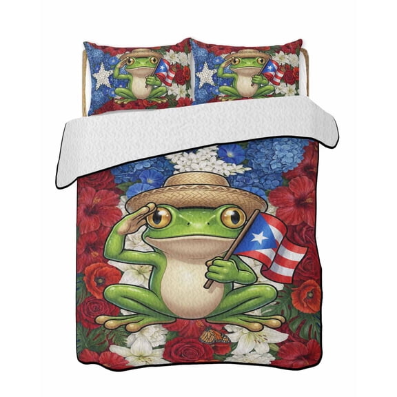 Quilts Queen Size Bedding Set, Puerto Rico Flag Frog Reversible Summer Quilt 3 Pieces, Rustic Red Blue White Floral Lightweight Bedspreads Coverlets with 2 Pillow Shams for All Seasons