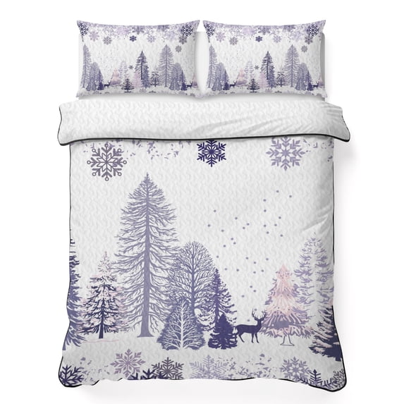 Quilts Queen Size Bedding Set, Purple Christmas Lightweight Quilted Comforter, Xmas Tree Forest Snowflake Winter Elk Soft Reversible Bedspread Coverlet with Pillow Covers for All Season, 90" x 96"