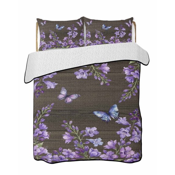 Quilts Queen Size Bedding Set, Purple Flowers Reversible Summer Quilt 3 Pieces, Butterfly Spring Floral Wooden Farmhouse Lightweight Bedspreads Coverlets with 2 Pillow Shams for All Seasons