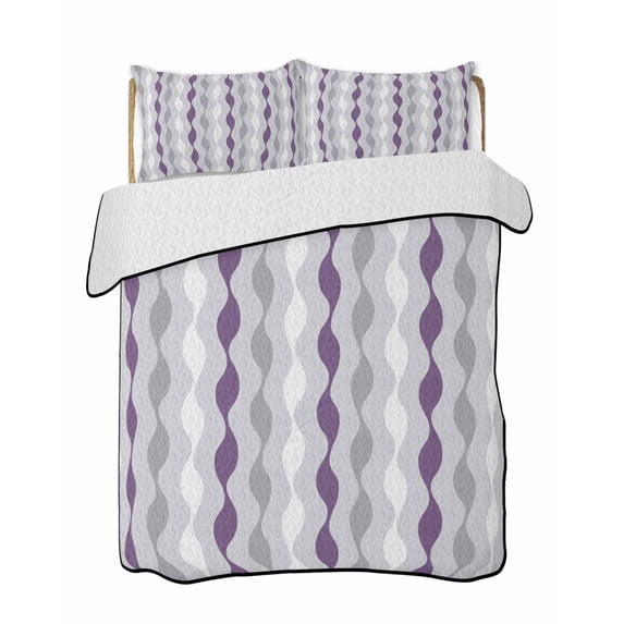 Quilts Queen Size Bedding Set, Purple Grey Striped Lightweight Quilted Comforter, Modern Abstract Geometric Stripes Soft Reversible Bedspread Coverlet with Pillow Covers for All Season, 90" x 96"