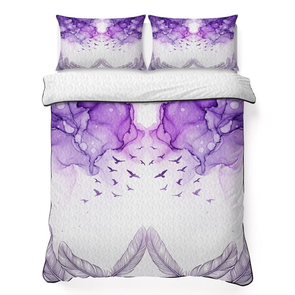 Quilts Queen Size Bedding Set, Purple Marble Lightweight Quilted Comforter, Birds Feather Modern Art Soft Reversible Bedspread Coverlet with Pillow Covers for All Season, 90" x 96"