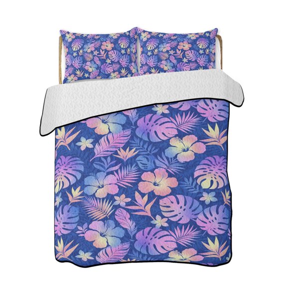 Quilts Queen Size Bedding Set, Purple Tropical Plants Reversible Summer Quilt 3 Pieces, Summer Botanical Palm Leaf Floral Lightweight Bedspreads Coverlets with 2 Pillow Shams for All Seasons