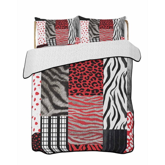 Quilts Queen Size Bedding Set, Red Black Animal Print Lightweight Quilted Comforter, Zebra Leopard Plaid Tiger Stripes Soft Reversible Bedspread Coverlet with Pillow Covers for All Season, 90" x 96"