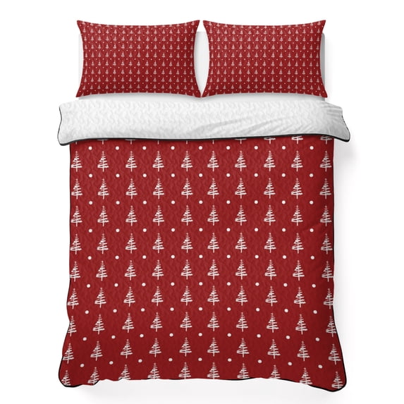 Quilts Queen Size Bedding Set, Red Christmas Lightweight Quilted Comforter, Xmas Trees Dots Modern Minimalist Style Soft Reversible Bedspread Coverlet with Pillow Covers for All Season, 90" x 96"