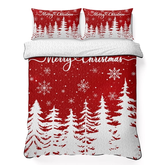 Quilts Queen Size Bedding Set, Red Christmas Lightweight Quilted Comforter, Xmas Trees Winter Pine Forest Snowflake Soft Reversible Bedspread Coverlet with Pillow Covers for All Season, 90" x 96"
