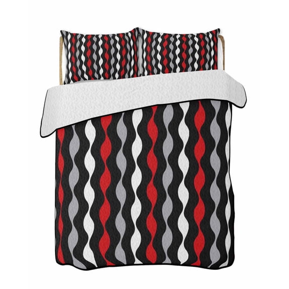 Quilts Queen Size Bedding Set, Red Grey Striped Lightweight Quilted Comforter, Modern Abstract Geometric Stripes Soft Reversible Bedspread Coverlet with Pillow Covers for All Season, 90" x 96"