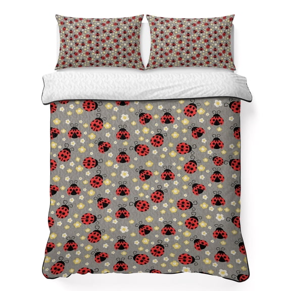 Quilts Queen Size Bedding Set, Red Ladybugs Lightweight Quilted Comforter, Farmhouse Country Animals Textured Grey Soft Reversible Bedspread Coverlet with Pillow Covers for All Season, 90" x 96"
