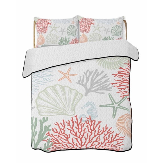 Quilts Queen Size Bedding Set, Red Sage Green Coastal Lightweight Quilted Comforter, Summer Beach Coral Shell Starfish Soft Reversible Bedspread Coverlet with Pillow Covers for All Season, 90" x 96"
