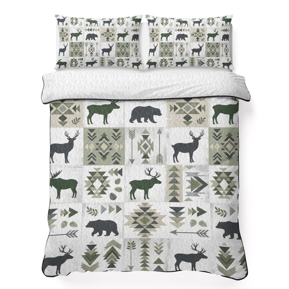 Quilts Queen Size Bedding Set, Sage Green Moose Lightweight Quilted Comforter, Animals Checkered Vintage Art Soft Reversible Bedspread Coverlet with Pillow Covers for All Season, 90" x 96"