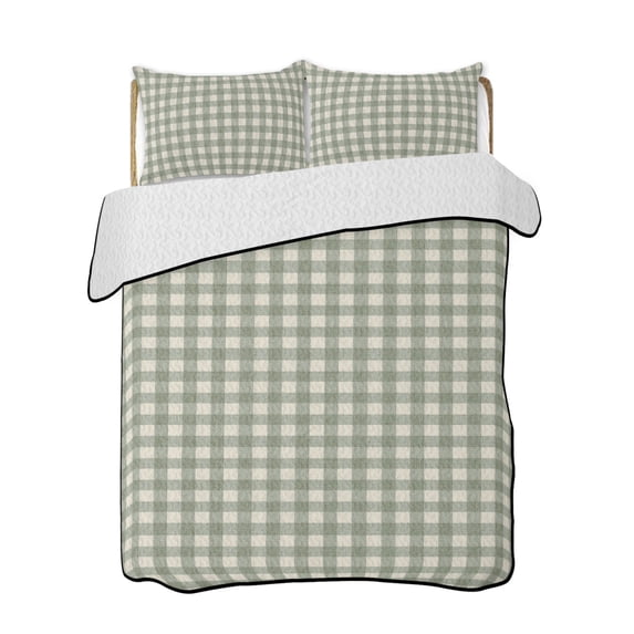 Quilts Queen Size Bedding Set, Sage Green Plaid Reversible Summer Quilt 3 Pieces, Gingham Checked Minimalist Modern Lightweight Bedspreads Coverlets with 2 Pillow Shams for All Seasons