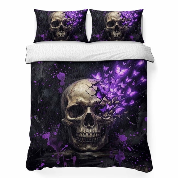 Quilts Queen Size Bedding Set, Scary Skulls Lightweight Quilted Comforter, Vintage Horror Skeleton Purple Butterfly Soft Reversible Bedspread Coverlet with Pillow Covers for All Season, 90" x 96"