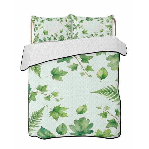 Quilts Queen Size Bedding Set, Spring Botanical Lightweight Quilted Comforter, Green Ivy Ferns Oak Leaves Light Blue Soft Reversible Bedspread Coverlet with Pillow Covers for All Season, 90" x 96"
