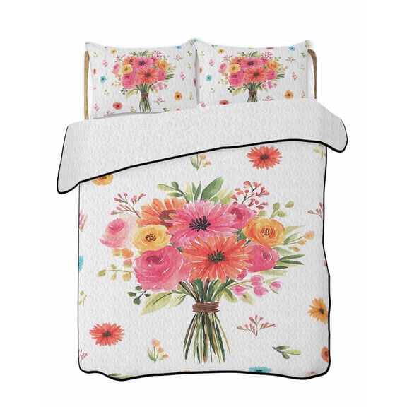 Quilts Queen Size Bedding Set, Spring Flowers Reversible Summer Quilt 3 Pieces, Pastoral Daisy Leaves Rustic Botanical Lightweight Bedspreads Coverlets with 2 Pillow Shams for All Seasons