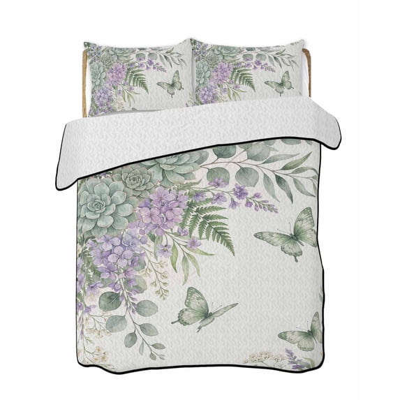 Quilts Queen Size Bedding Set, Spring Lavender Reversible Summer Quilt 3 Pieces, Garden Botanical Leaves Butterflies Lightweight Bedspreads Coverlets with 2 Pillow Shams for All Seasons