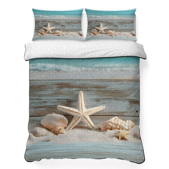 Quilts Queen Size Bedding Set, Starfish Coastal Lightweight Quilted Comforter, Wooden Conch Shells Summer Beach Soft Reversible Bedspread Coverlet with Pillow Covers for All Season, 90" x 96"