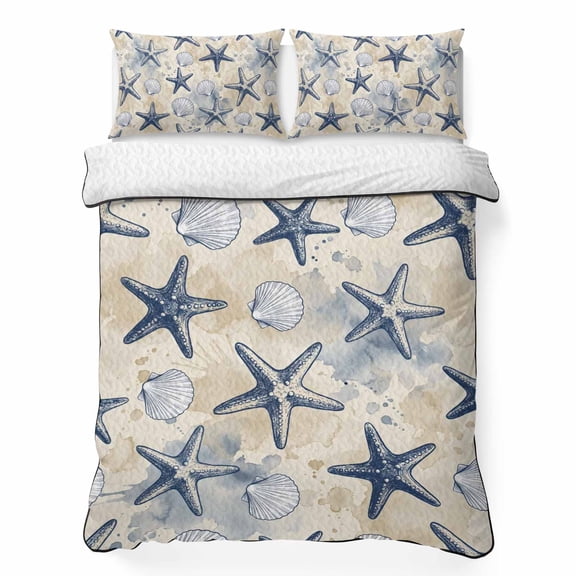 Quilts Queen Size Bedding Set, Summer Beach Sand Lightweight Quilted Comforter, Watercolor Ocean Starfish Seashells Blue Reversible Bedspread Coverlet with Pillow Covers for All Season, 90" x 96"