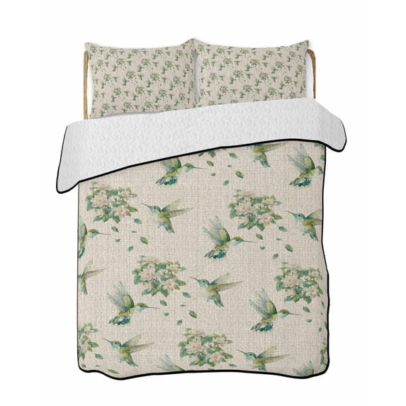 Quilts Queen Size Bedding Set, Summer Botanical Reversible Summer Quilt 3 Pieces, Green Spring Floral Birds Rustic Lightweight Bedspreads Coverlets with 2 Pillow Shams for All Seasons