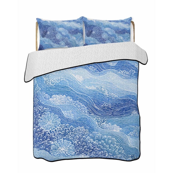 Quilts Queen Size Bedding Set, Summer Coastal Lightweight Quilted Comforter, Watercolor Ocean Waves Coral Ombre Blue Soft Reversible Bedspread Coverlet with Pillow Covers for All Season, 90" x 96"