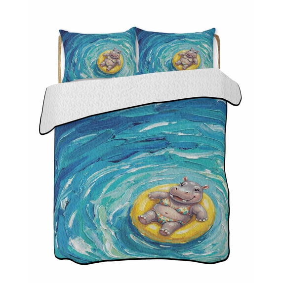 Quilts Queen Size Bedding Set, Summer Hippo Lightweight Quilted Comforter, Blue Ocean Oil Painting Swimming Ring Soft Reversible Bedspread Coverlet with Pillow Covers for All Season, 90" x 96"