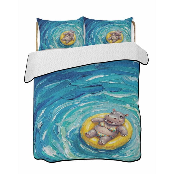 Quilts Queen Size Bedding Set, Summer Hippo Lightweight Quilted Comforter, Blue Ocean Oil Painting Swimming Ring Soft Reversible Bedspread Coverlet with Pillow Covers for All Season, 90" x 96"