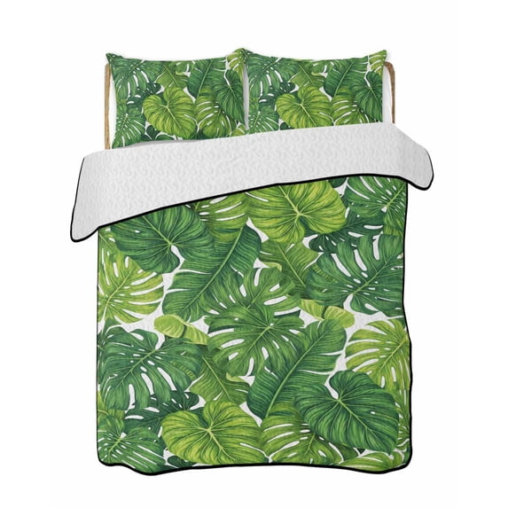Quilts Queen Size Bedding Set, Summer Palm Leaves Lightweight Quilted Comforter, Tropical Green Botanical Soft Reversible Bedspread Coverlet with Pillow Covers for All Season, 90" x 96"