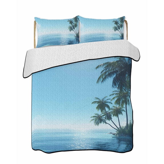 Quilts Queen Size Bedding Set, Summer Palm Tree Lightweight Quilted Comforter, Coastal Waves Sunshine Tropical Plants Soft Reversible Bedspread Coverlet with Pillow Covers for All Season, 90" x 96"