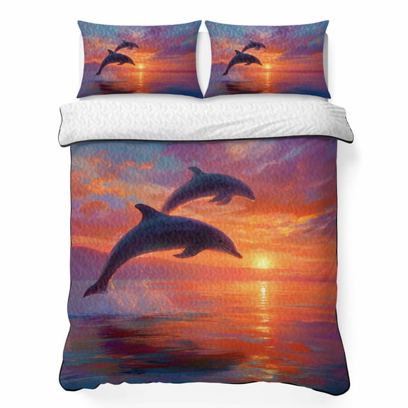 Quilts Queen Size Bedding Set, Summer Sunset Lightweight Quilted Comforter, Coastal Dolphin Romantic Orange Soft Reversible Bedspread Coverlet with Pillow Covers for All Season, 90" x 96"