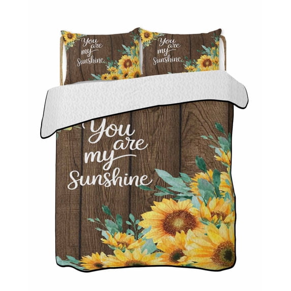 Quilts Queen Size Bedding Set, Sunflower Reversible Summer Quilt 3 Pieces, Summer Botanical Yellow Floral Brown Wooden Lightweight Bedspreads Coverlets with 2 Pillow Shams for All Seasons