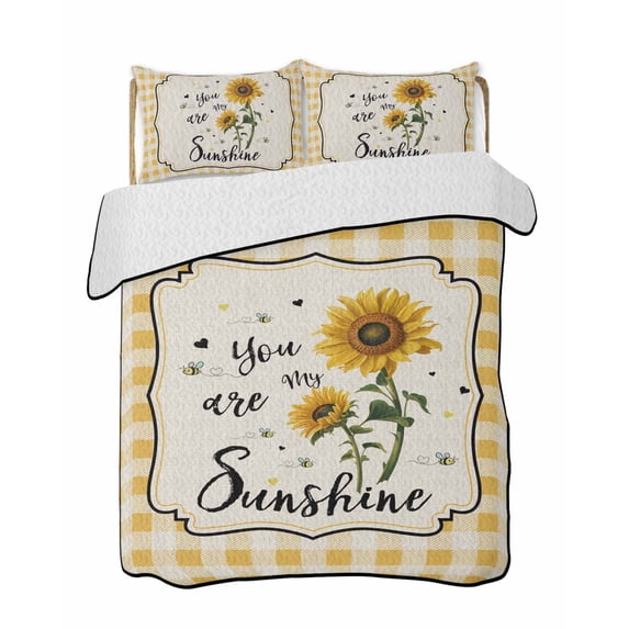 Quilts Queen Size Bedding Set, Sunflowers Reversible Summer Quilt 3 Pieces, Yellow Floral Botanical Checkered Rustic Lightweight Bedspreads Coverlets with 2 Pillow Shams for All Seasons