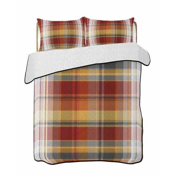 Quilts Queen Size Bedding Set, Tartan Plaid Lightweight Quilted Comforter, Orange Red Autumn Gingham Vintage Check Soft Reversible Bedspread Coverlet with Pillow Covers for All Season, 90" x 96"