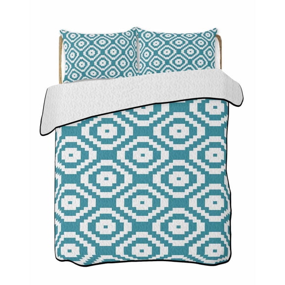 Quilts Queen Size Bedding Set, Teal Blue Geometric Lightweight Quilted Comforter, Modern Abstract Art Rhombus Soft Reversible Bedspread Coverlet with Pillow Covers for All Season, 90" x 96"