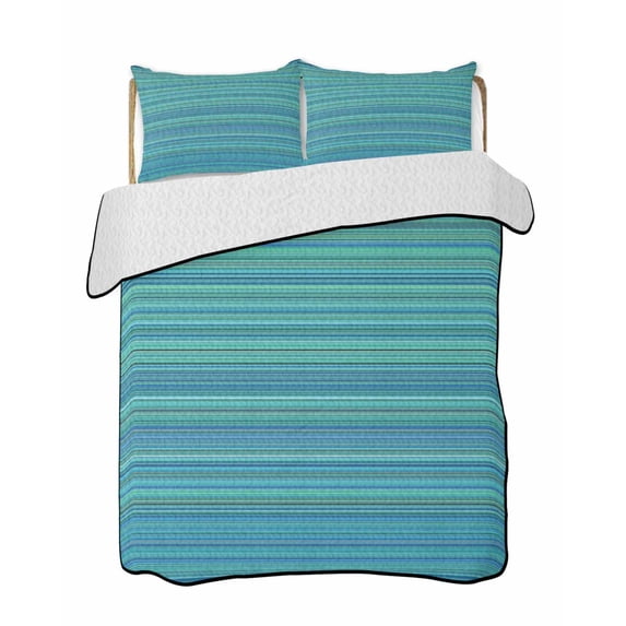 Quilts Queen Size Bedding Set, Teal Blue Striped Reversible Summer Quilt 3 Pieces, Thin Line Geometric Lightweight Bedspreads Coverlets with 2 Pillow Shams for All Seasons