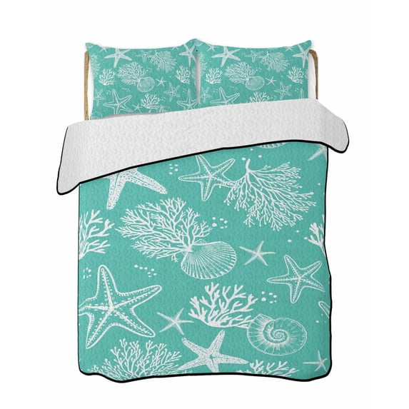 Quilts Queen Size Bedding Set, Teal Coastal Reversible Summer Quilt 3 Pieces, Nautical Beach Starfish Coral Summer Lightweight Bedspreads Coverlets with 2 Pillow Shams for All Seasons