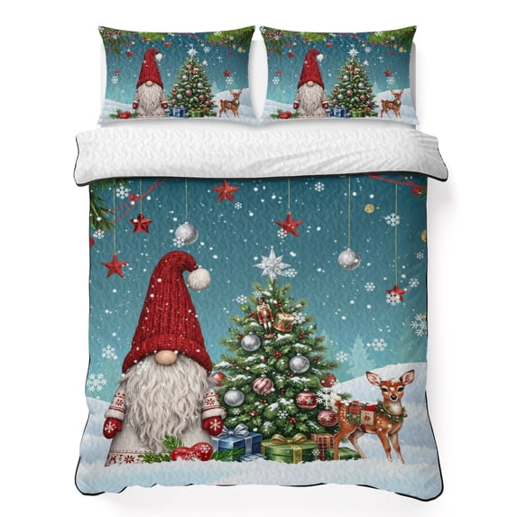 Quilts Queen Size Bedding Set, Teal Gnomes Christmas Lightweight Quilted Comforter, Xmas Tree Elk Snowflake Balls Soft Reversible Bedspread Coverlet with Pillow Covers for All Season, 90" x 96"
