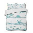 thumbnail image 1 of Quilts Queen Size Bedding Set, Teal Green Coastal Starfish Reversible Summer Quilt 3 Pieces, Summer Conch Sea Fish Stripes Lightweight Bedspreads Coverlets with 2 Pillow Shams for All Seasons, 1 of 5