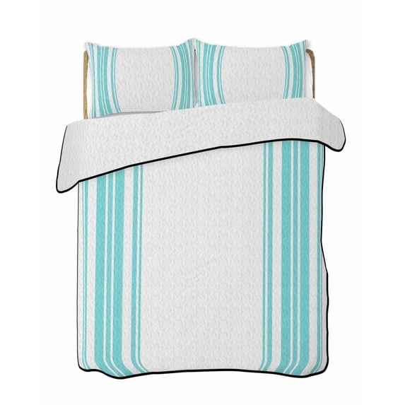 Quilts Queen Size Bedding Set, Teal Green Striped Lightweight Quilted Comforter, Farmhouse Simple Line Vertical Stripes Soft Reversible Bedspread Coverlet with Pillow Covers for All Season, 90" x 96"
