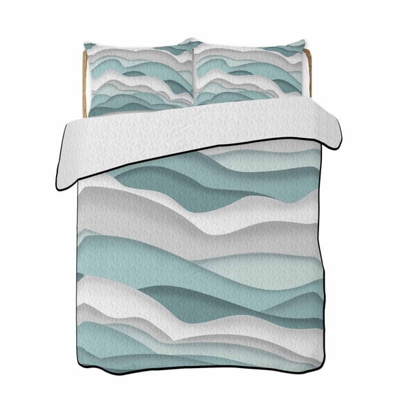 Quilts Queen Size Bedding Set, Teal Ombre Lightweight Quilted Comforter, Modern Geometric Moire Abstract Art Soft Reversible Bedspread Coverlet with Pillow Covers for All Season, 90" x 96"