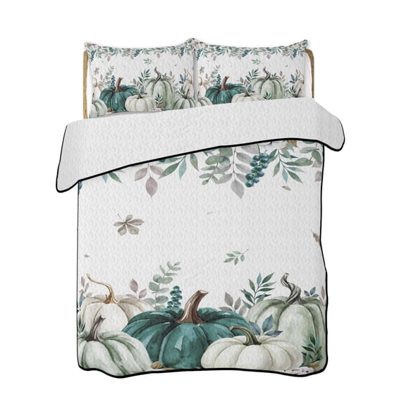 Quilts Queen Size Bedding Set, Teal Pumpkins Fall Reversible Summer Quilt 3 Pieces, Botanical Thanksgiving Leaves Weeping Lightweight Bedspreads Coverlets with 2 Pillow Shams for All Seasons