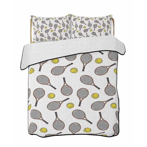 Quilts Queen Size Bedding Set, Tennis Sport Lightweight Quilted Comforter, Cartoon Classic Tennis Pattern Soft Reversible Bedspread Coverlet with Pillow Covers for All Season, 90" x 96"