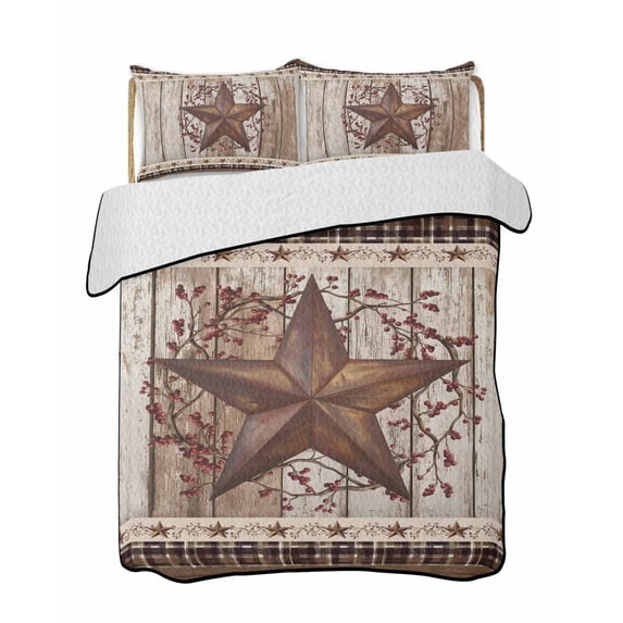 Quilts Queen Size Bedding Set, Texas Star Vintage Reversible Summer Quilt 3 Pieces, Brown Retro Art Red Berry Wooden Lightweight Bedspreads Coverlets with 2 Pillow Shams for All Seasons
