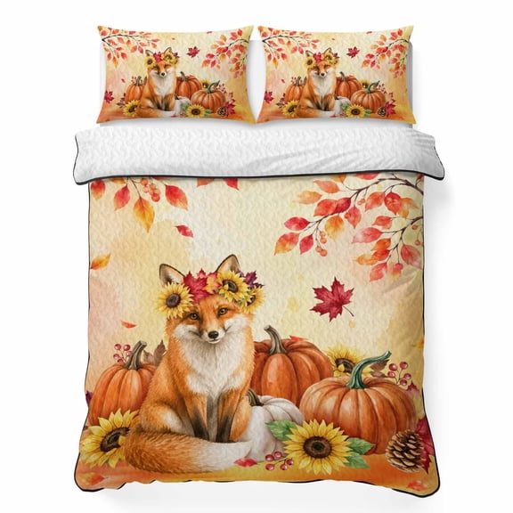 Quilts Queen Size Bedding Set, Thanksgiving Fall Lightweight Quilted Comforter, Country Fox Flowers Maple Branches Soft Reversible Bedspread Coverlet with Pillow Covers for All Season, 90" x 96"