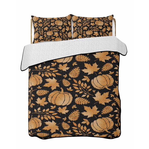 Quilts Queen Size Bedding Set, Thanksgiving Fall Reversible Summer Quilt 3 Pieces, Retro Pumpkin Cones Maple Leaf Black Lightweight Bedspreads Coverlets with 2 Pillow Shams for All Seasons