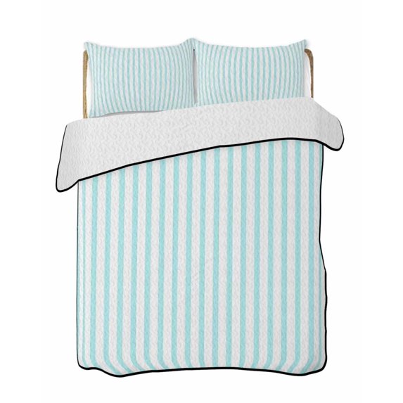 Quilts Queen Size Bedding Set, Thin Aqua Striped Reversible Summer Quilt 3 Pieces, Farmhouse Modern Stripes Lightweight Bedspreads Coverlets with 2 Pillow Shams for All Seasons