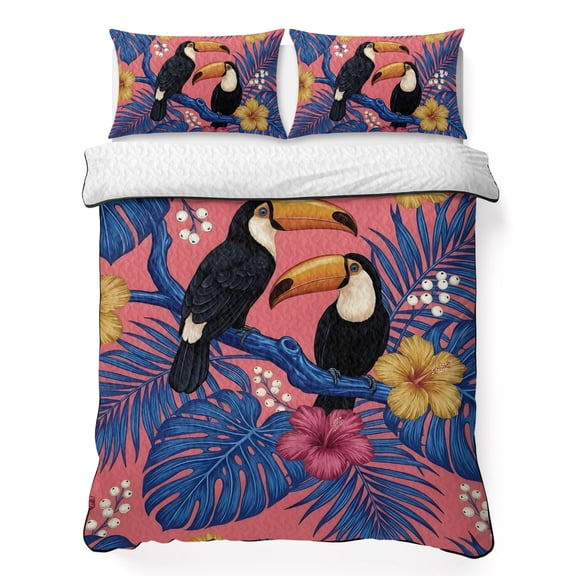 Quilts Queen Size Bedding Set, Toucan Bird Lightweight Quilted Comforter, Tropical Animal Palm Tree Leaves Summer Hibiscus Soft Bedspread Coverlet with Pillow Covers for All Season, 90" x 96"