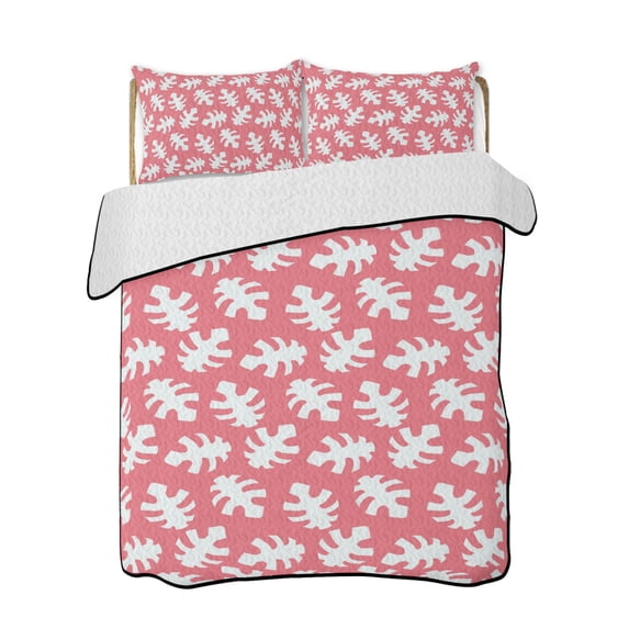 Quilts Queen Size Bedding Set, Tropical Botanical Reversible Summer Quilt 3 Pieces, Modern Simple Monstera Leaves Print Lightweight Bedspreads Coverlets with 2 Pillow Shams for All Seasons