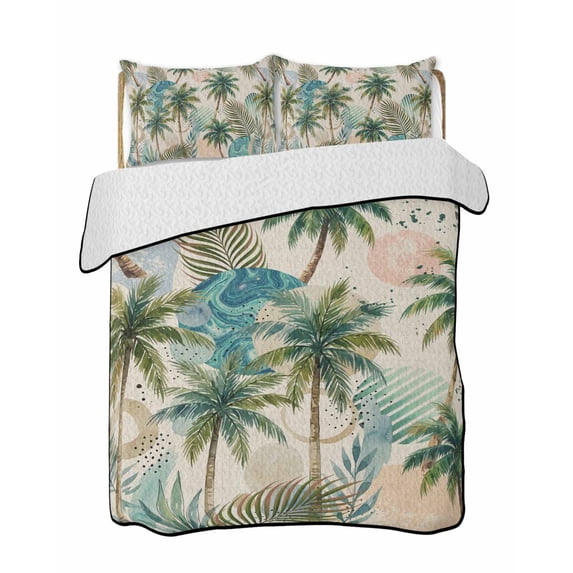 Quilts Queen Size Bedding Set, Tropical Plant Reversible Summer Quilt 3 Pieces, Summer Watercolor Boho Palm Tree on Linen Lightweight Bedspreads Coverlets with 2 Pillow Shams for All Seasons