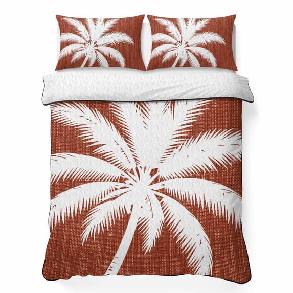 Quilts Queen Size Bedding Set, Tropical Plants Lightweight Quilted Comforter, Orange Red Summer Coastal Palm Tree Leaves Reversible Bedspread Coverlet with Pillow Covers for All Season, 90" x 96"